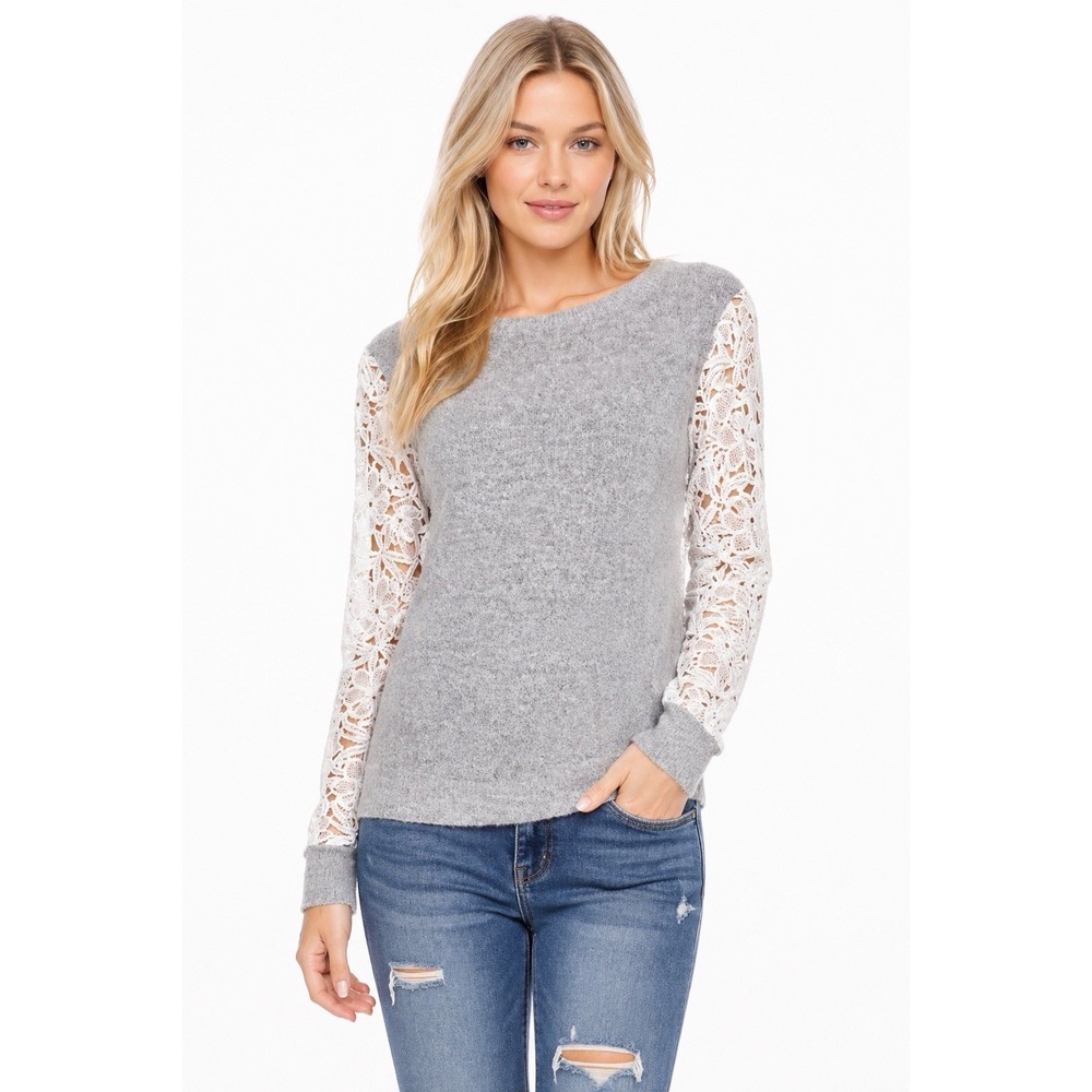 Gray Sweater Top M Petite Lace Sleeves Elegant Soft Minimalist Boho Versatile